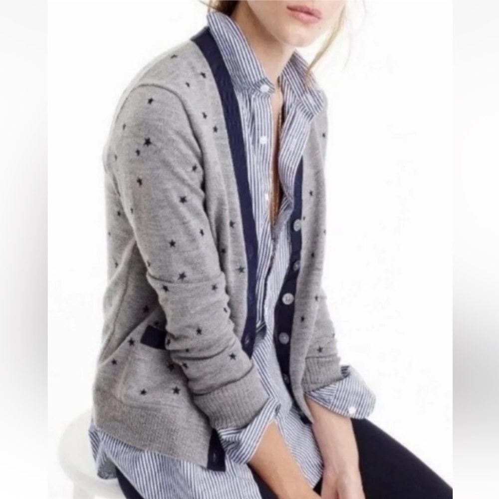 J. Crew Graphite Navy Star Harlow Cardigan Sweater Merino Wool Blend M Medium